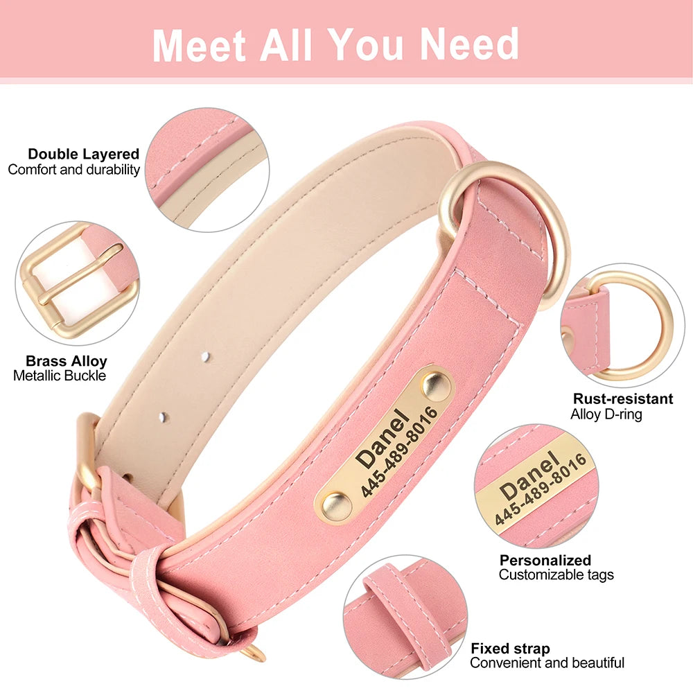 Custom PU Leather Dog Collar & Leash Set – Personalized Engraved Nameplate ID Tag for Small & Medium Dogs
