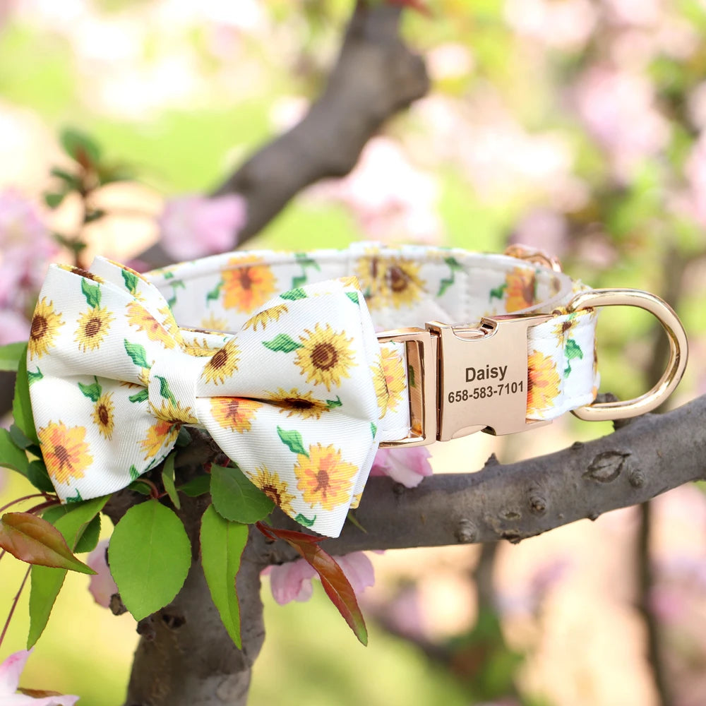 Custom Bowtie Dog Collar – Personalized Floral ID Tag with Engraved Name & Phone Number