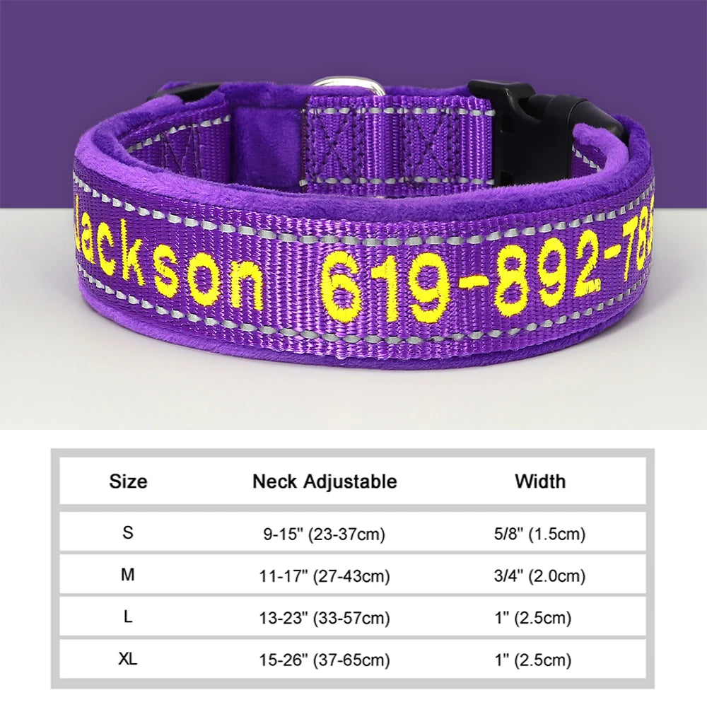Personalized Embroidered Dog Collar – Reflective Nylon, Custom Name ID Tag – Small Medium Large Dogs