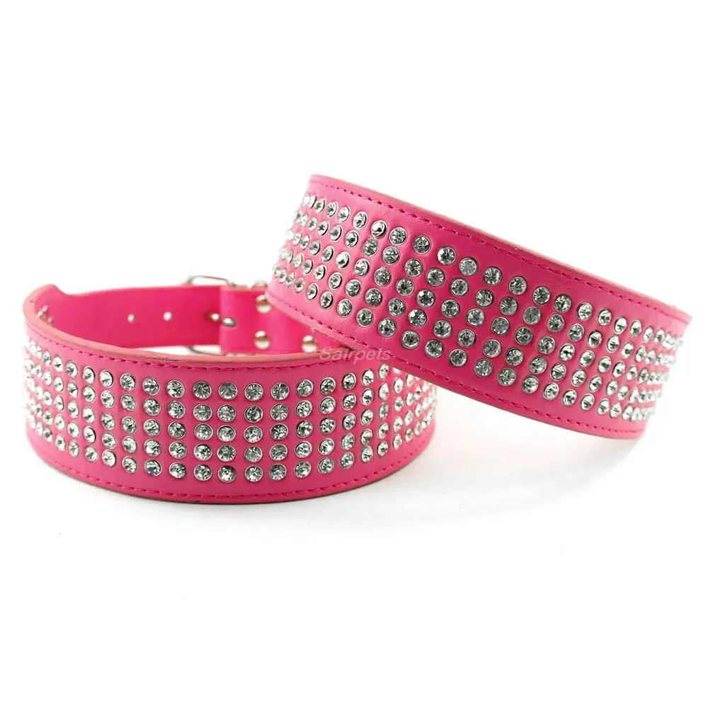 2" Width 5 Rows Rhinestone Dog Puppy Pet Collars – Bling Leather Diamante Collar XS–XL