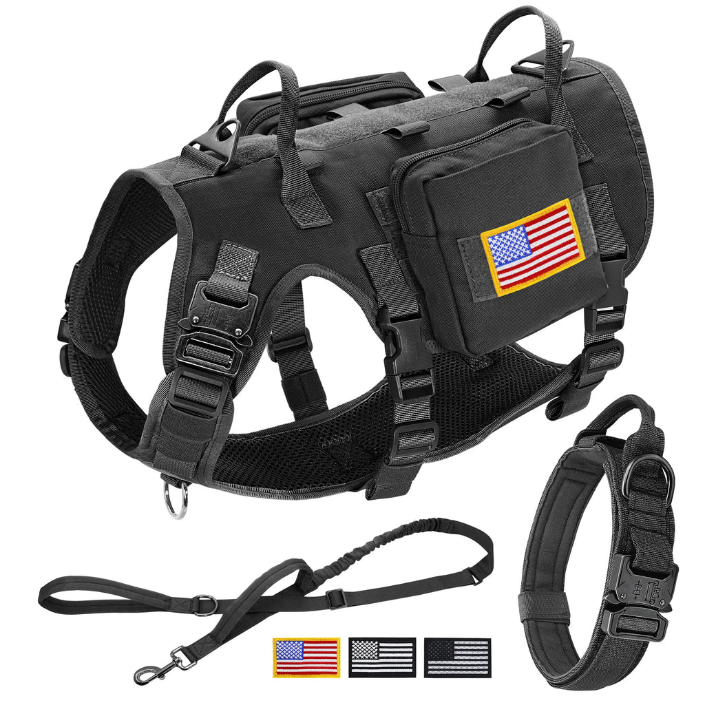 Tactical Military Dog Harness, Collar & Leash Set – Durable MOLLE Training Vest with Pouches & Flag for Large Dogs