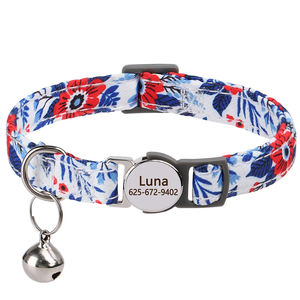 Personalized Cat/Puppy Collar with Engraved Nameplate & Bell – Adjustable Floral Design (Blue, Green, Pink, Red, Rose)