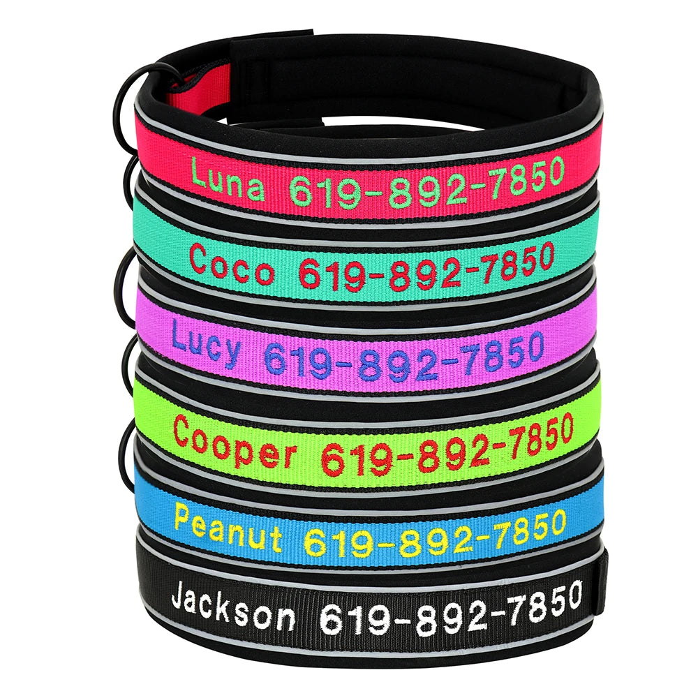 Personalized Embroidered Dog Collar – Reflective Nylon, Custom Name ID Tag – Small Medium Large Dogs