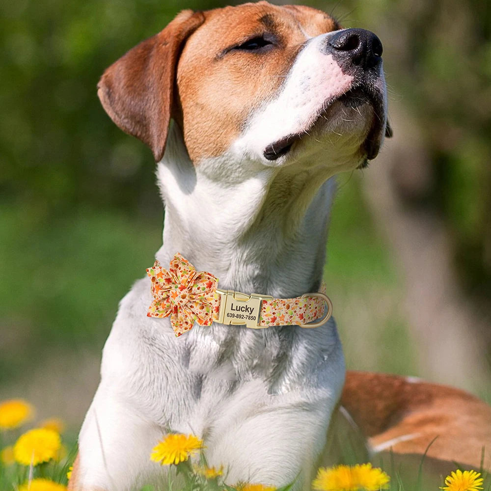 Personalized Dog Collar with Flower Print – Custom Engraved Nameplate | Adjustable Nylon Pet Collar for Small, Medium & Large Dogs