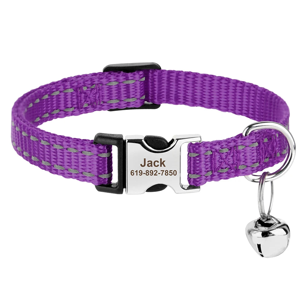 Reflective Personalized Nylon Dog & Cat Collar with Custom Engraved ID Tag & Bell – Adjustable Safety Collar for Small & Medium Pets