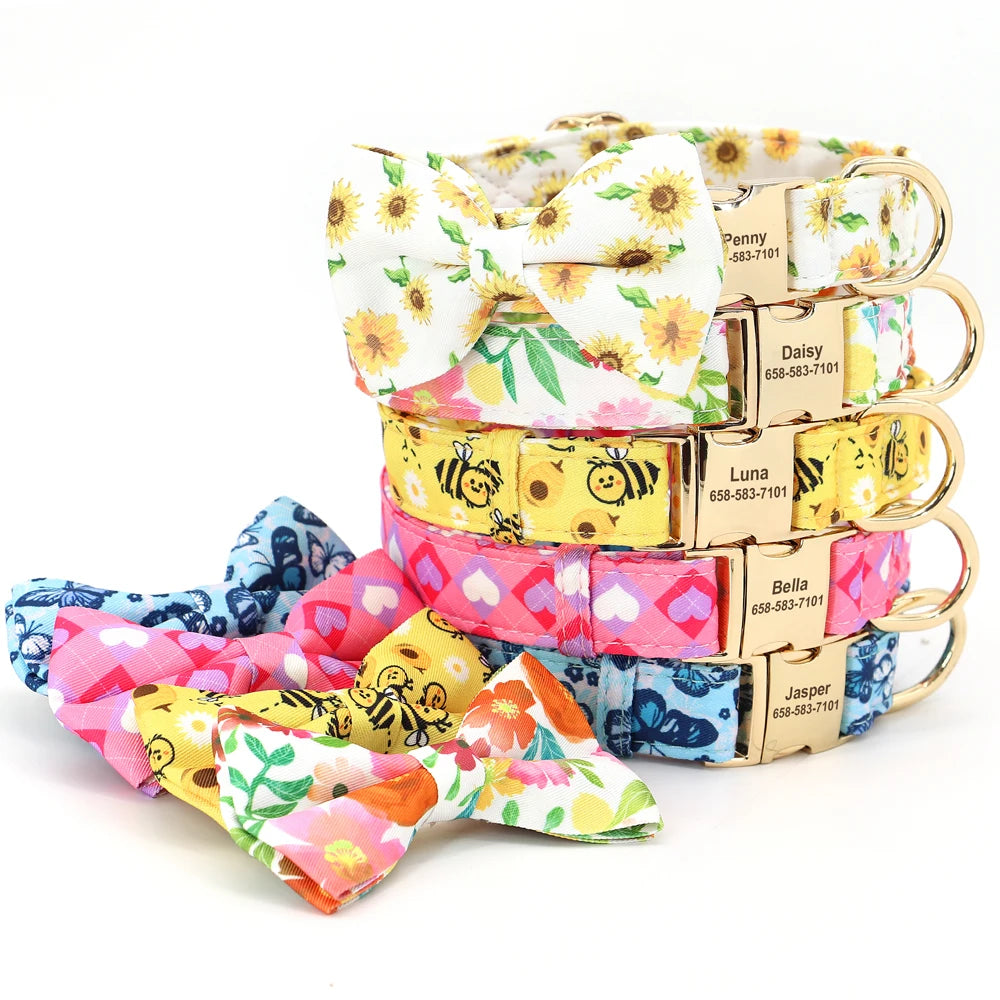 Custom Bowtie Dog Collar – Personalized Floral ID Tag with Engraved Name & Phone Number