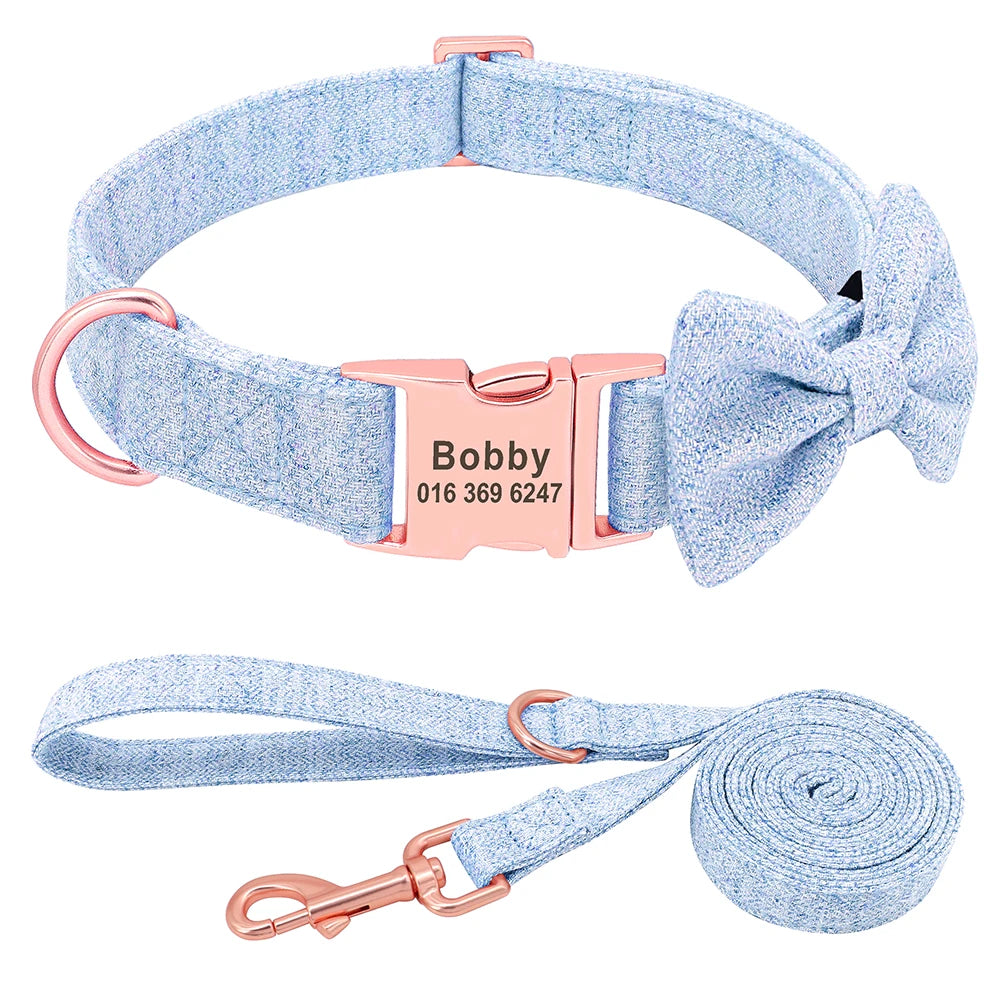Customized Dog Collar & Leash Set – Personalized Pet Collars with Bowtie & Free Engraving