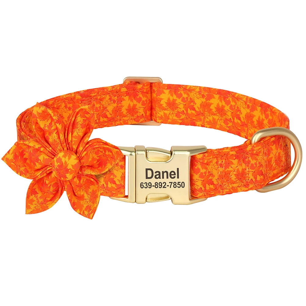 Personalized Dog Collar with Flower Print – Custom Engraved Nameplate | Adjustable Nylon Pet Collar for Small, Medium & Large Dogs