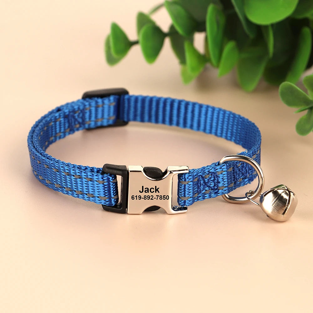 Reflective Personalized Nylon Dog & Cat Collar with Custom Engraved ID Tag & Bell – Adjustable Safety Collar for Small & Medium Pets