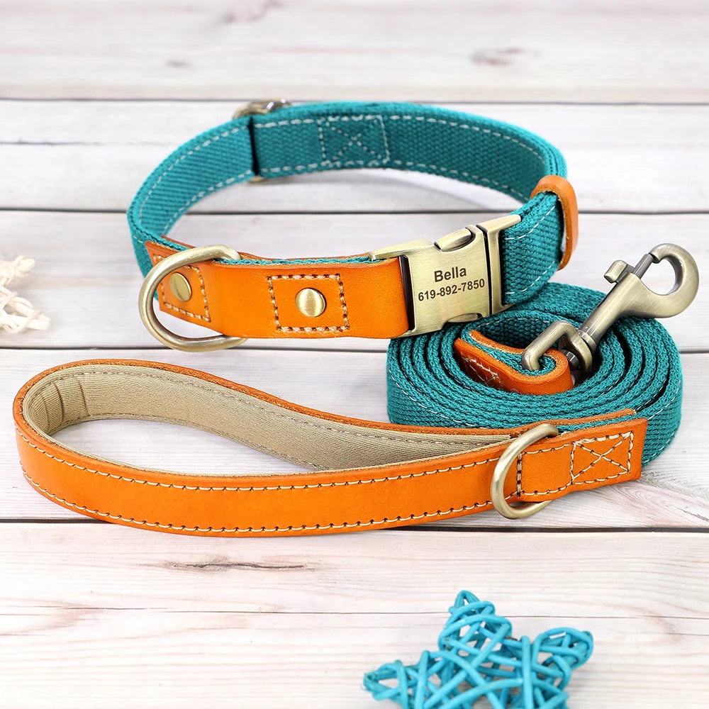 Nylon Custom Dog Collar & Leash Set – Personalized with Leather Nameplate