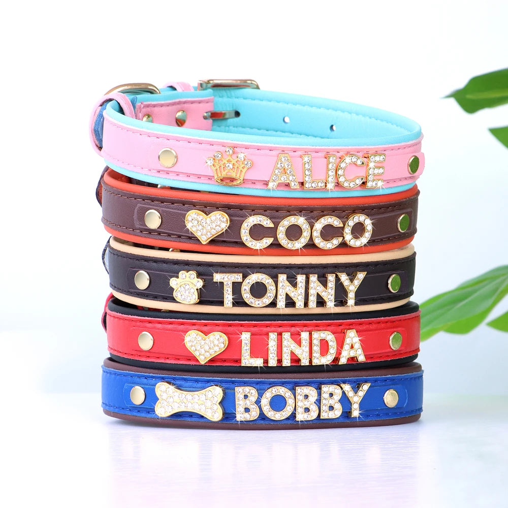 Bling Personalized Dog & Cat Collar – PU Leather Puppy Chihuahua Necklace with DIY Rhinestone Name & Free Charms