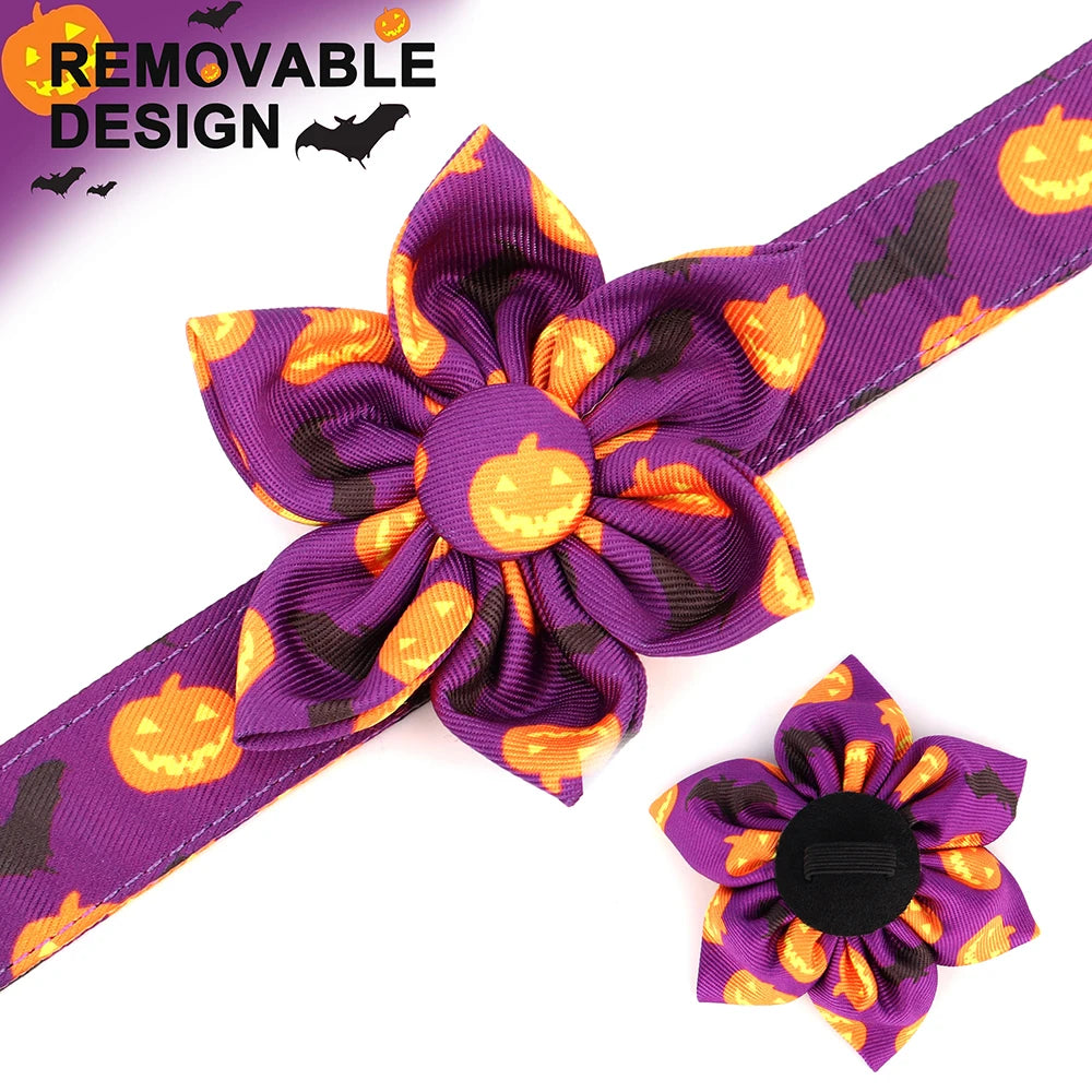 Halloween Nylon Dog Collar with Flower – Adjustable Pumpkin Pet Collar for Small Medium Large Dogs