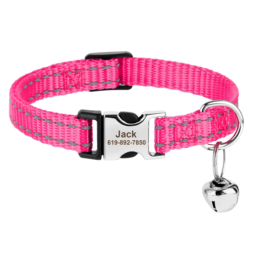 Reflective Personalized Nylon Dog & Cat Collar with Custom Engraved ID Tag & Bell – Adjustable Safety Collar for Small & Medium Pets