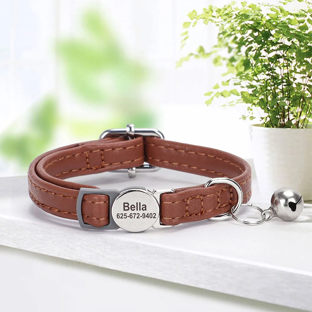 Personalized Cat Collar – PU Leather Adjustable Kitten & Puppy Collar with Engraved ID Nameplate & Bell, Anti-Lost Pet Collar