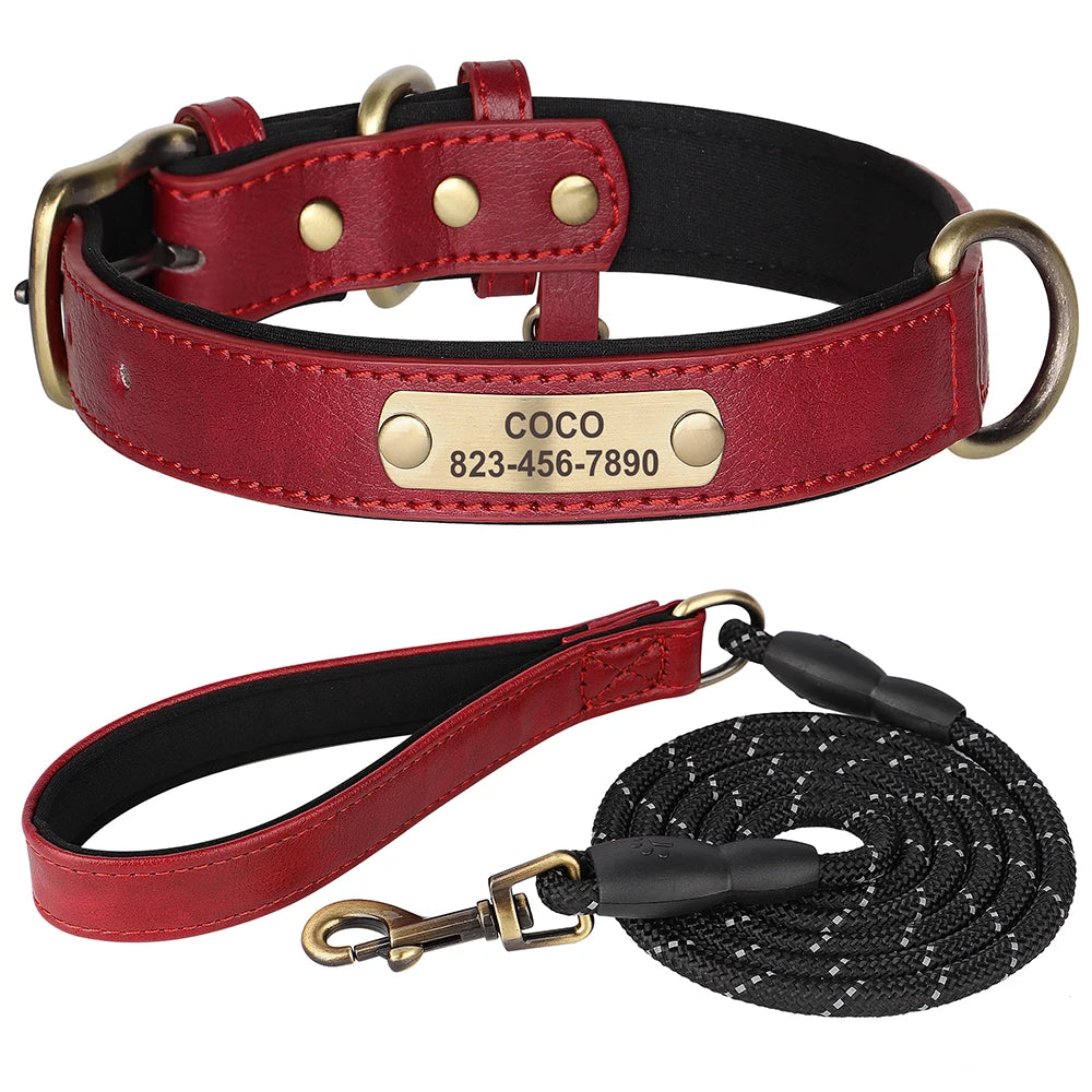 ✨ Personalized Dog Collar & Leash Set – Custom Engraved PU Leather for Small to Large Dogs (Pitbull-Friendly!)