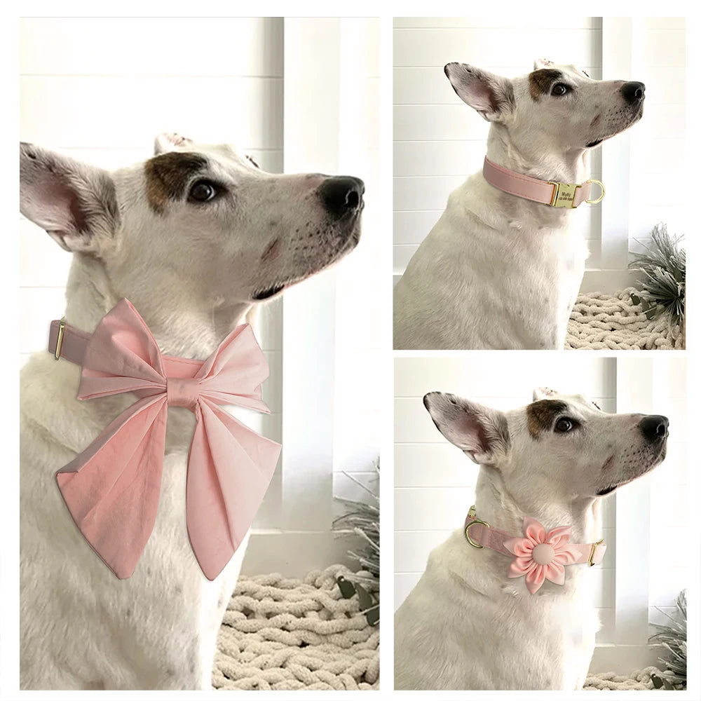 Personalized Silk Dog Collar with Bowtie & Flower – Custom Engraved ID Tag | Adjustable Wedding Collar for Small, Medium & Large Dogs