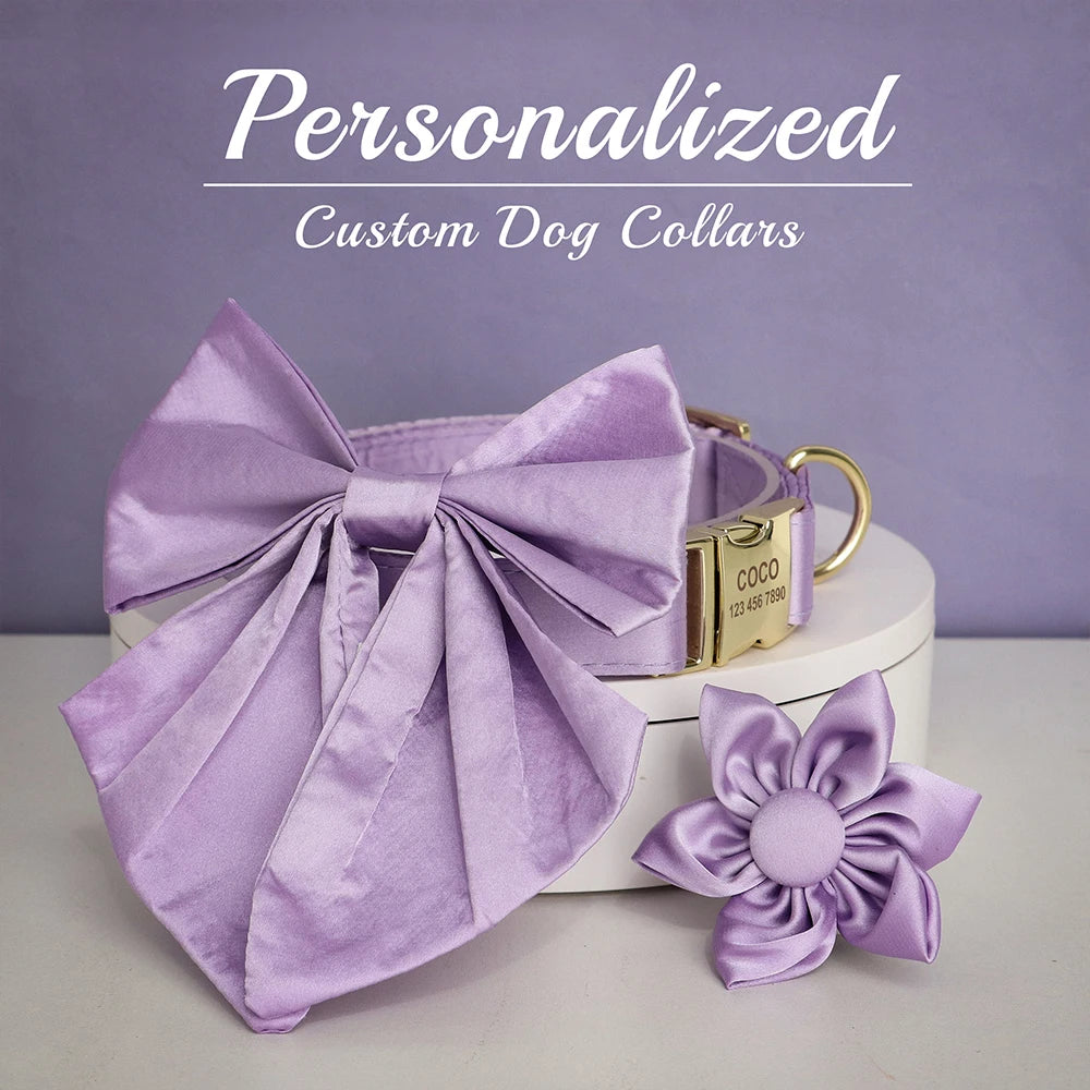 Personalized Silk Dog Collar with Bowtie & Flower – Custom Engraved ID Tag | Adjustable Wedding Collar for Small, Medium & Large Dogs