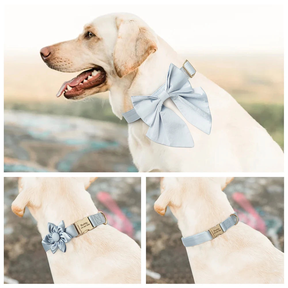 Personalized Silk Dog Collar with Bowtie & Flower – Custom Engraved ID Tag | Adjustable Wedding Collar for Small, Medium & Large Dogs