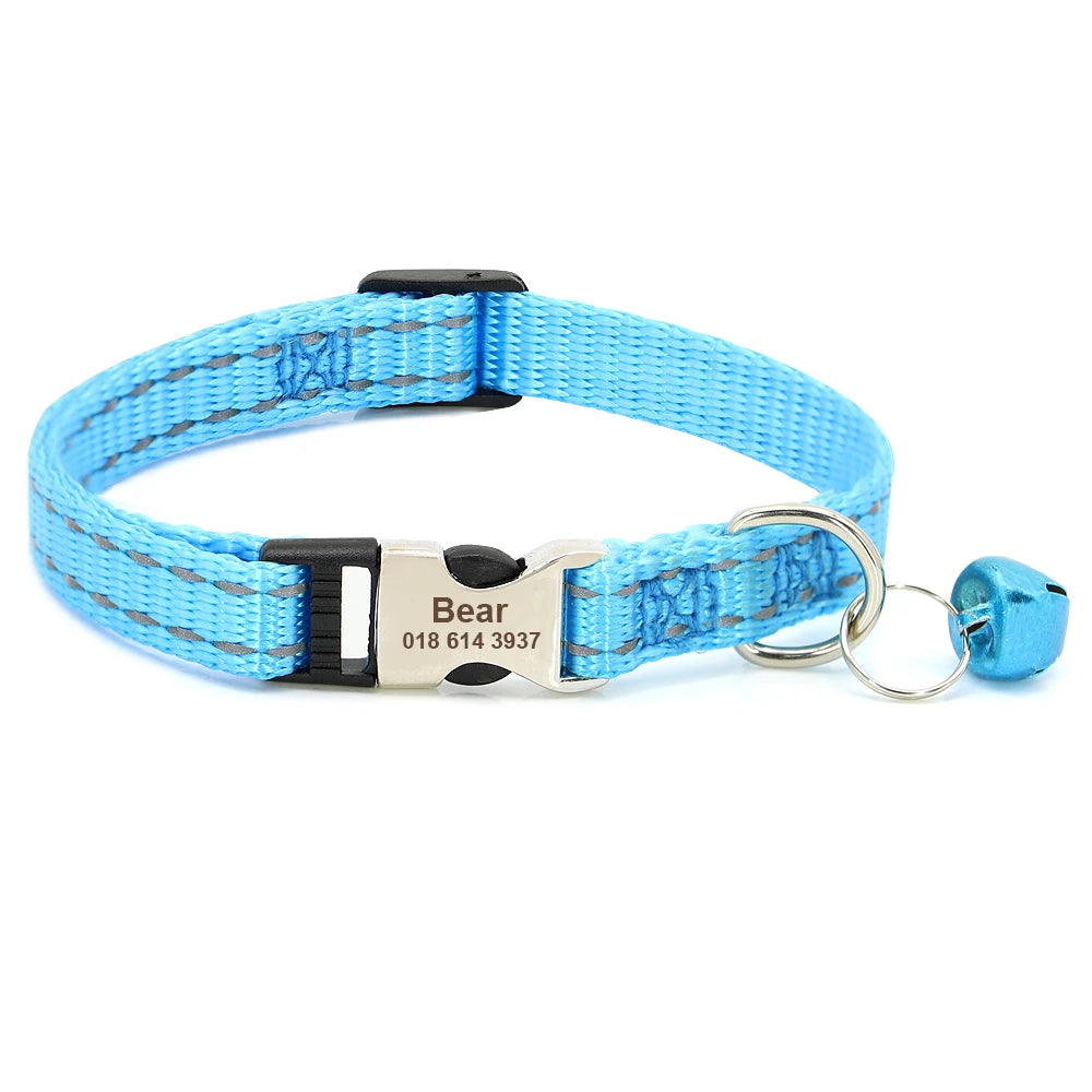 Personalized Pet Cat Collar Reflective Nylon Puppy Cat Collars Custom Engraved Pet Kitten Collar With Bell For Small Dogs Cats