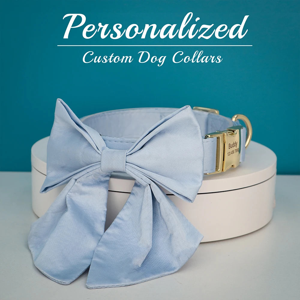 Personalized Silk Dog Collar with Bowtie & Flower – Custom Engraved ID Tag | Adjustable Wedding Collar for Small, Medium & Large Dogs