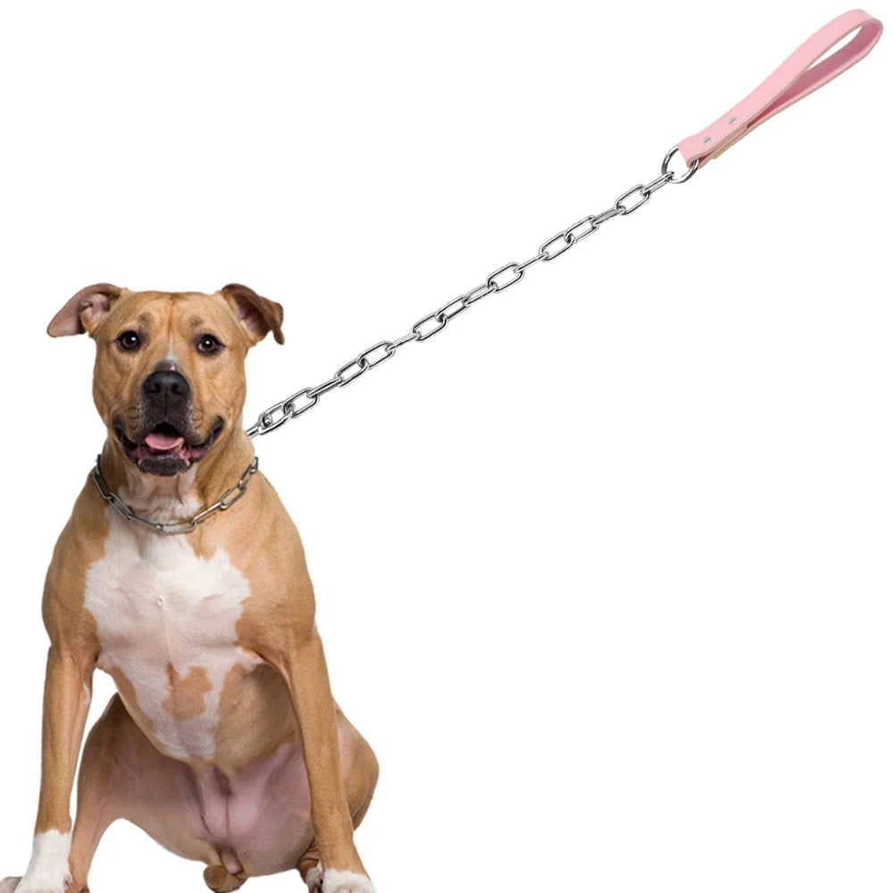 Durable Dog Chain Leash with Leather Handle – Heavy Duty Chrome Steel Pet Lead for Small & Large Dogs