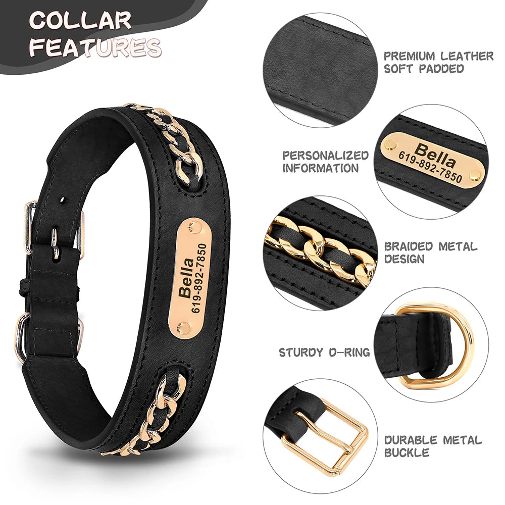Personalized Leather Dog Collar – Custom Engraved Nameplate ID Tag for Small, Medium & Large Dogs