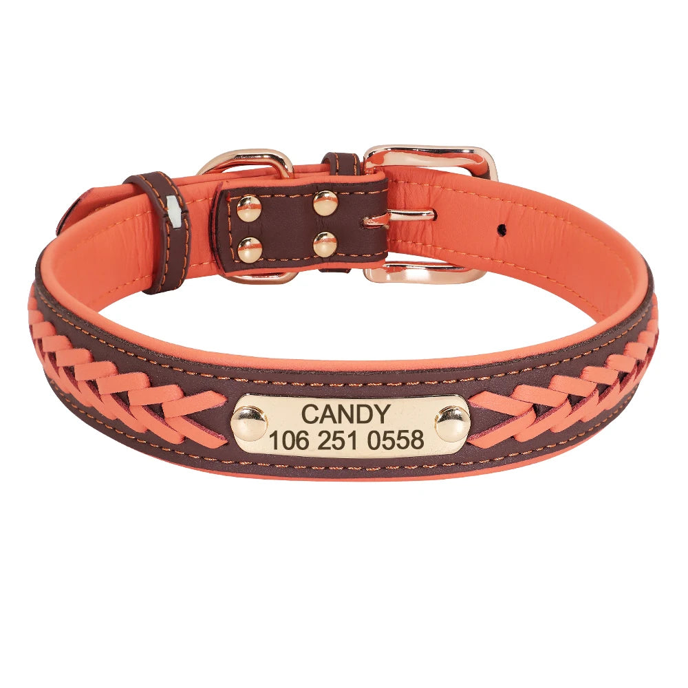 Personalized Leather Dog Collar with Engraved Nameplate – Adjustable Anti-Lost ID Tag for Small, Medium & Large Dogs