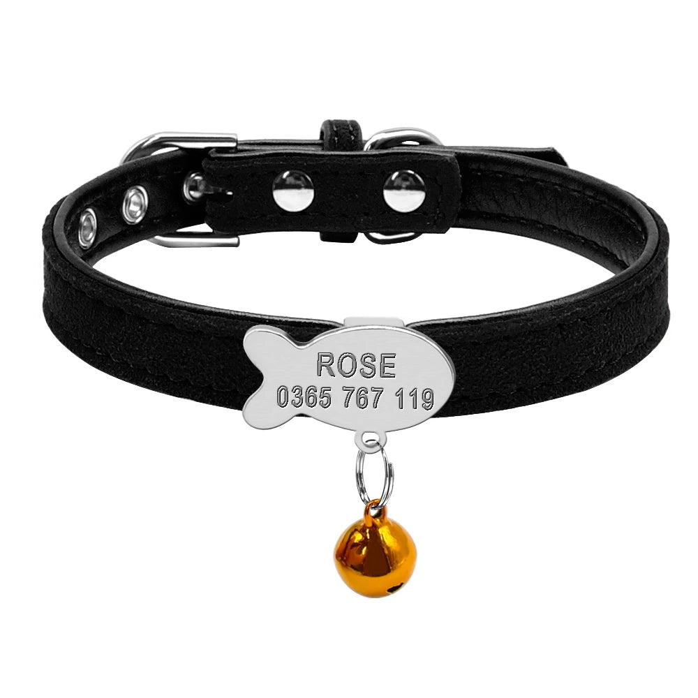 Personalized Leather Cat Collar – Custom Engraved Nameplate with Bell – Adjustable for Kittens, Cats & Small Dogs