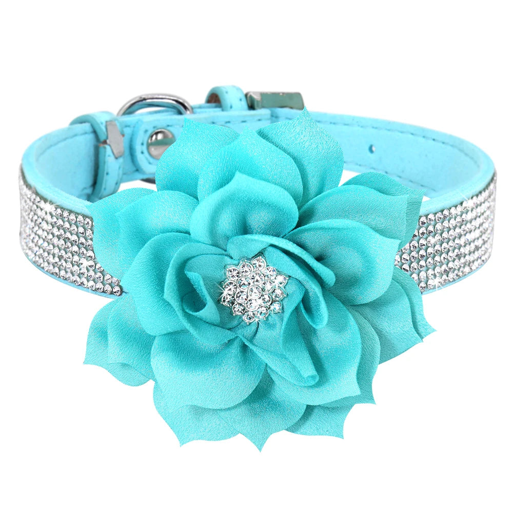 Bling Rhinestone Dog Collar with Flower – Sparkly Crystal Puppy & Cat Necklace for Chihuahua, Yorkie, Poodle