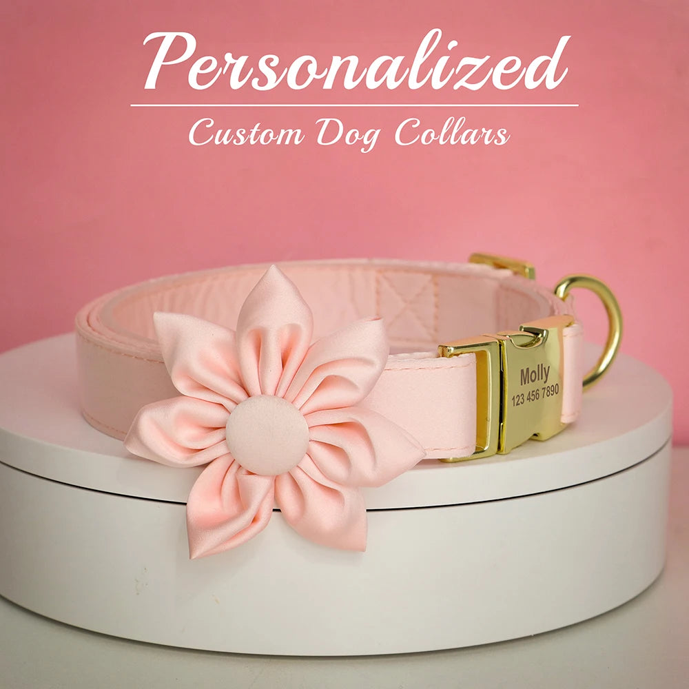 Personalized Silk Dog Collar with Bowtie & Flower – Custom Engraved ID Tag | Adjustable Wedding Collar for Small, Medium & Large Dogs