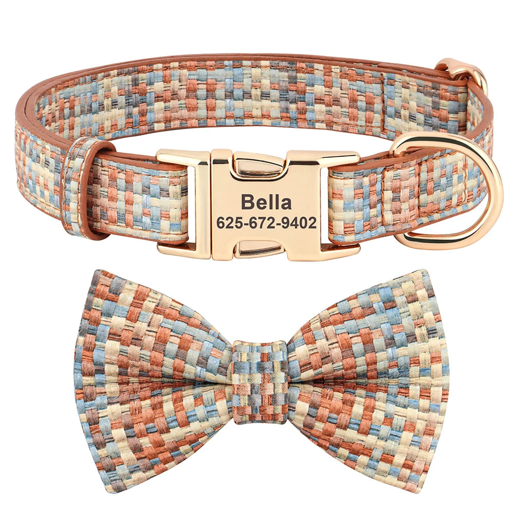 Custom Plaid Leather Dog Collar with Bow – Personalized Nameplate | Free Engraving | Small to Large Dogs