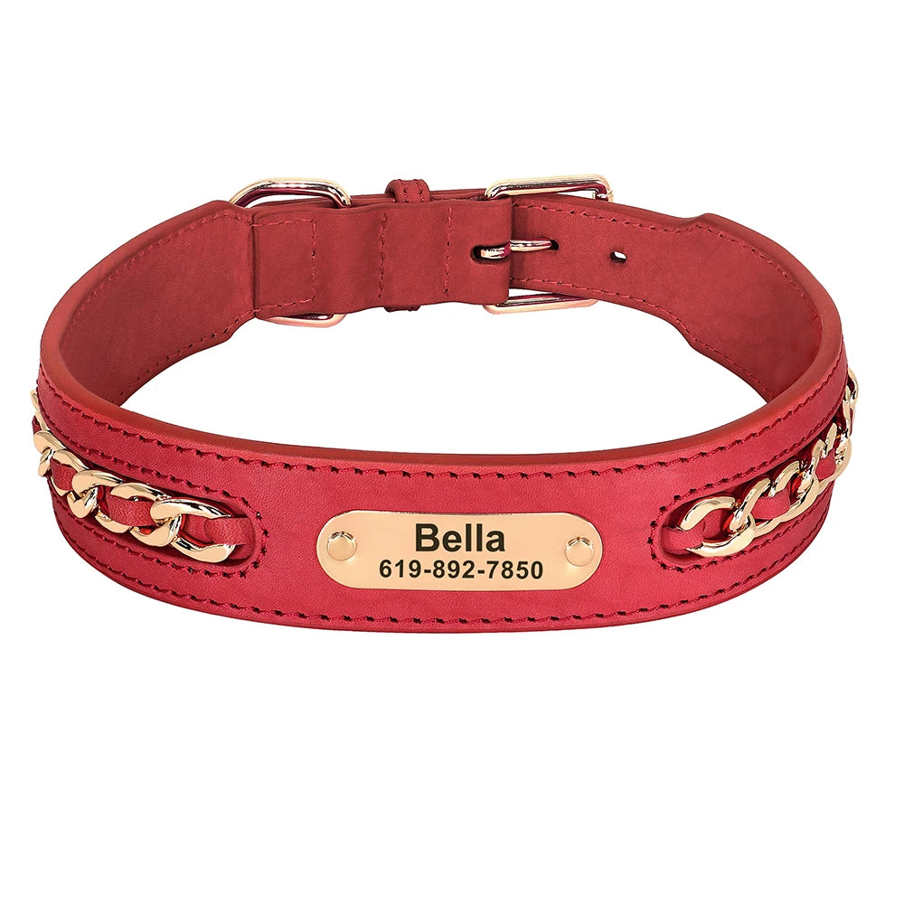 Personalized Leather Dog Collar – Custom Engraved Nameplate ID Tag for Small, Medium & Large Dogs