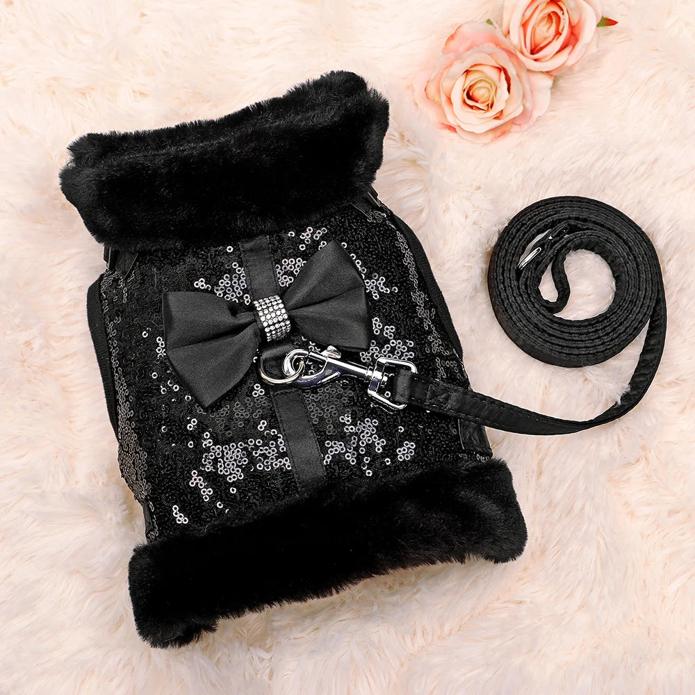 Warm Winter Dog Harness – Bling Rhinestone Fur Vest with Bowtie for Small & Medium Dogs and Cats