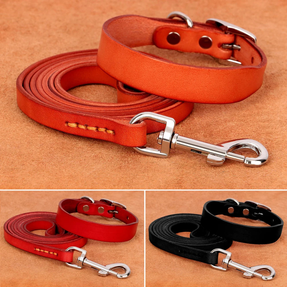 Genuine Leather Dog Collar & Leash Set – Adjustable for Small, Medium & Large Dogs and Cats (XS–XL)