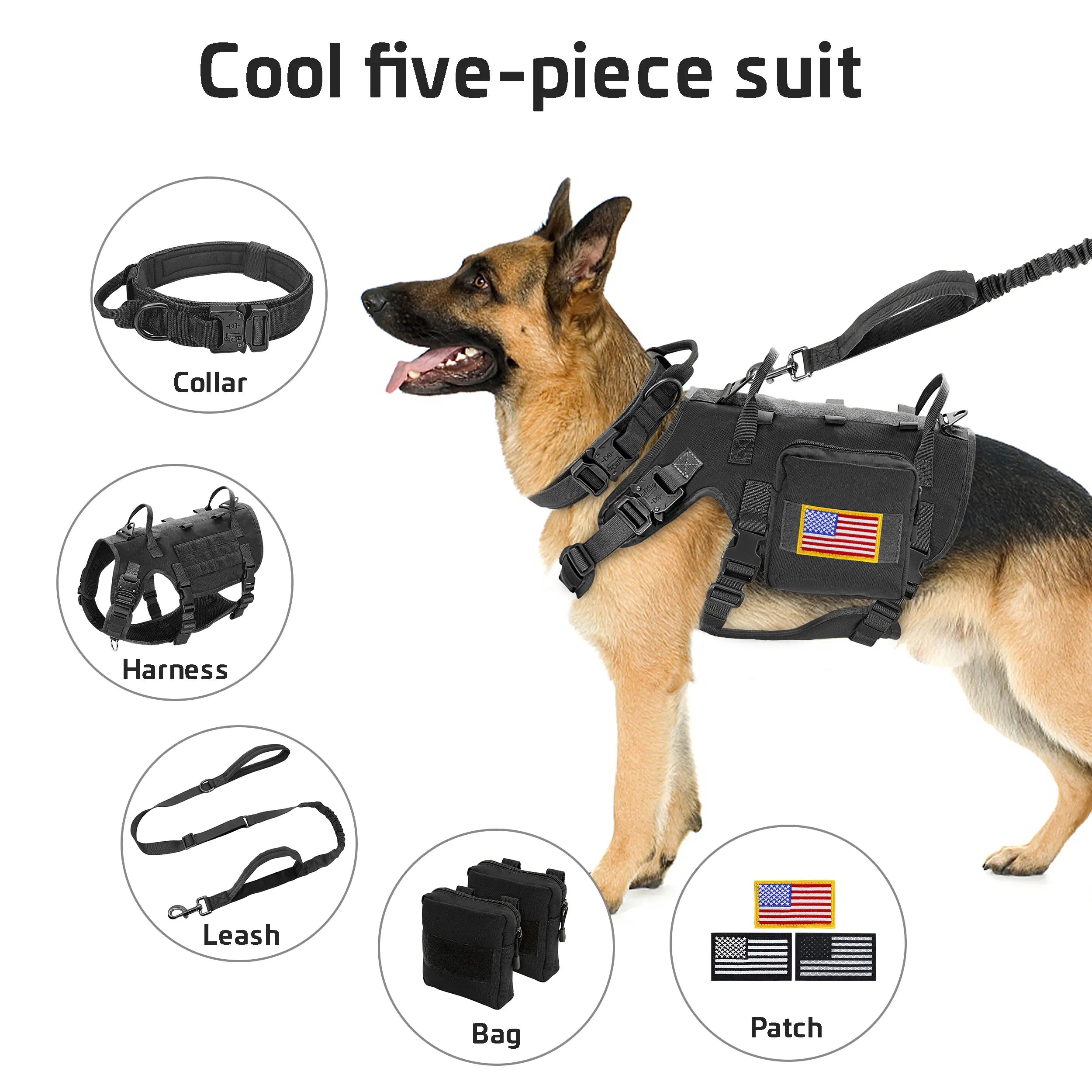 Tactical Military Dog Harness, Collar & Leash Set – Durable MOLLE Training Vest with Pouches & Flag for Large Dogs