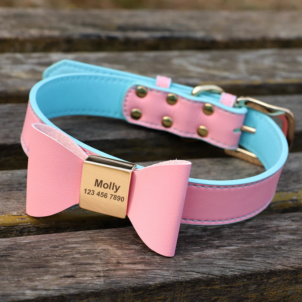 Personalized Dog Collar Customized Leather Pet ID Name Collar With Bowknot Free Engraved For Small Medium Dogs Cats Pet Supplies