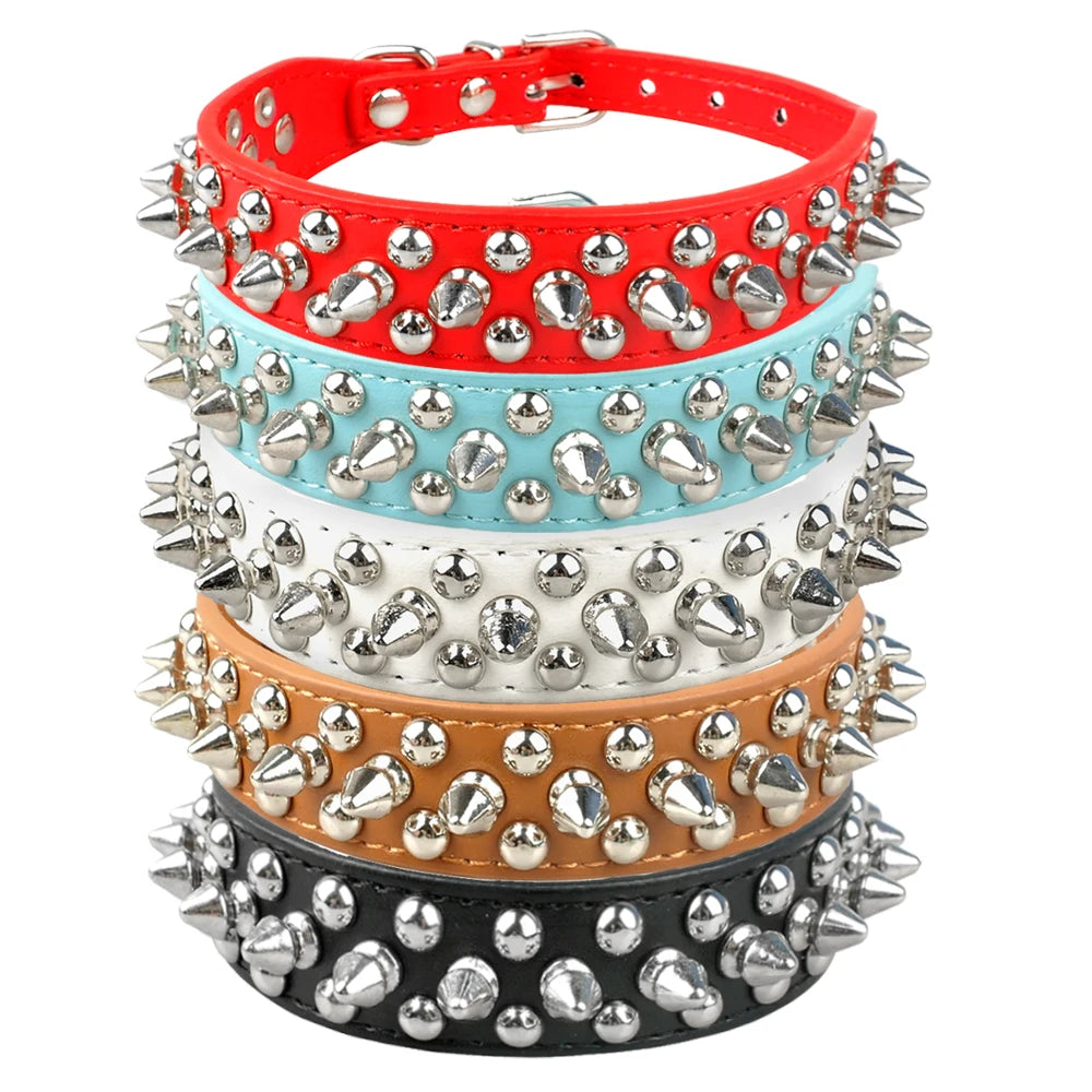 Spiked Studded Leather Dog Collar – Adjustable Anti-Bite Bulldog Collar for Small, Medium & Large Dogs