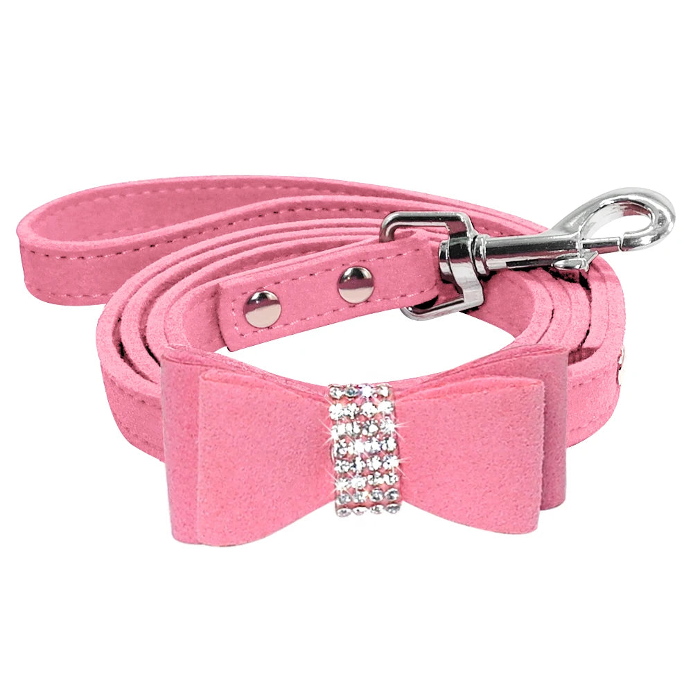 Suede Leather Dog Leash with Rhinestone Bowknot – Stylish Walking Lead for Small & Medium Dogs (Black, Red, Blue, Pink)