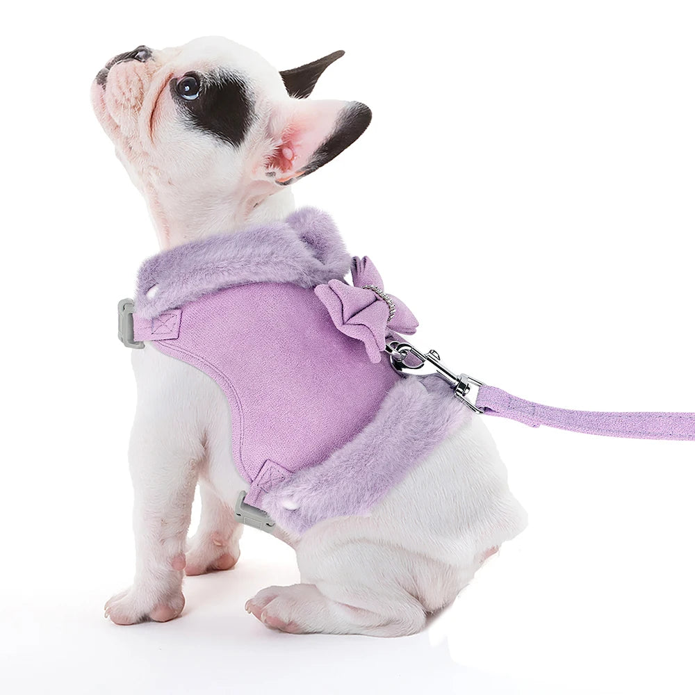 Warm Fur Dog Harness and Leash Set Rhinestone Bowknot Pet Vest Winter Pets Puppy Clothes Vest Small Dog Clothing French Bulldog