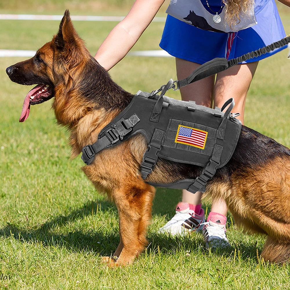 Tactical Military Dog Harness, Collar & Leash Set – Durable MOLLE Training Vest with Pouches & Flag for Large Dogs
