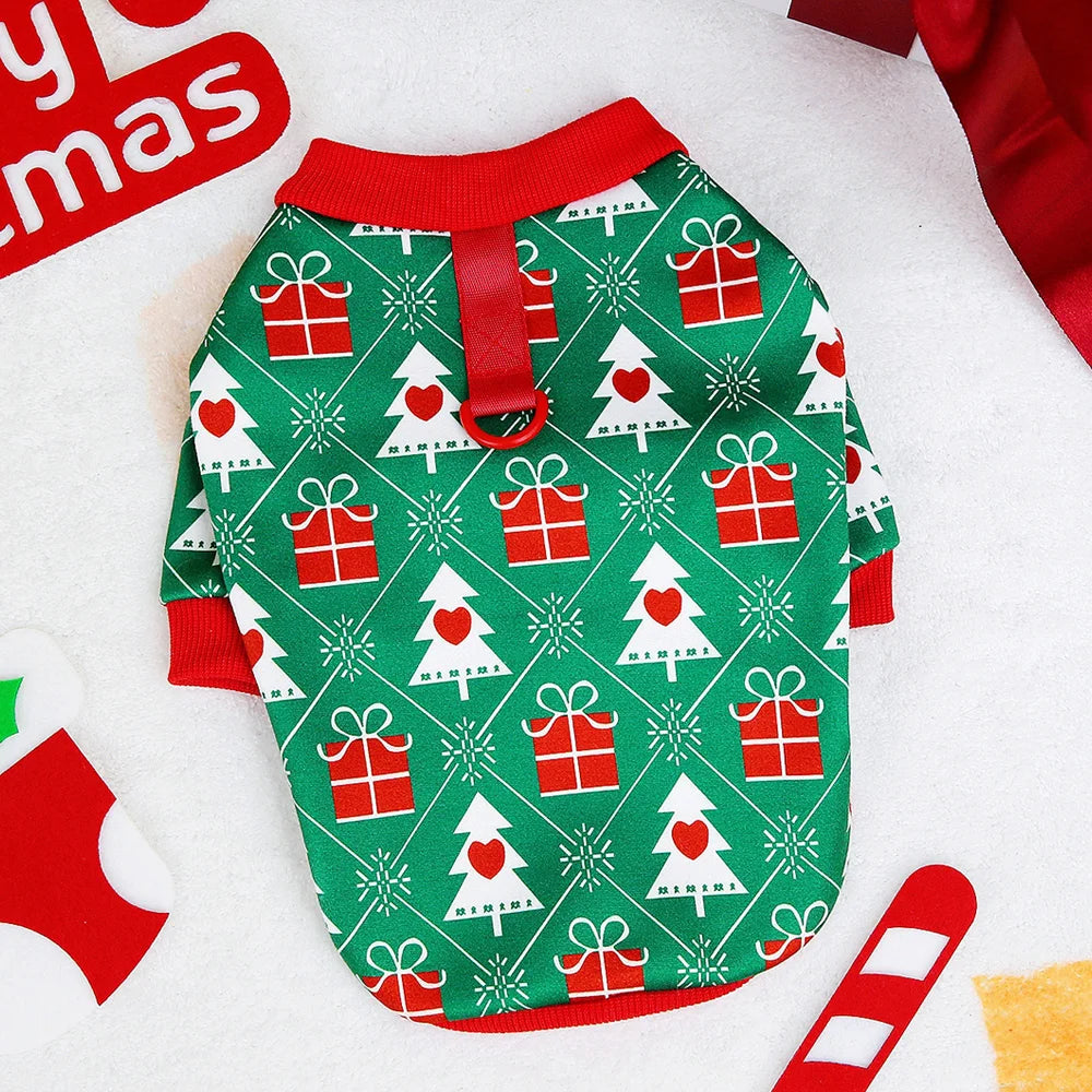 Christmas Dog T-Shirt – Holiday Outfit with Christmas Tree Pattern