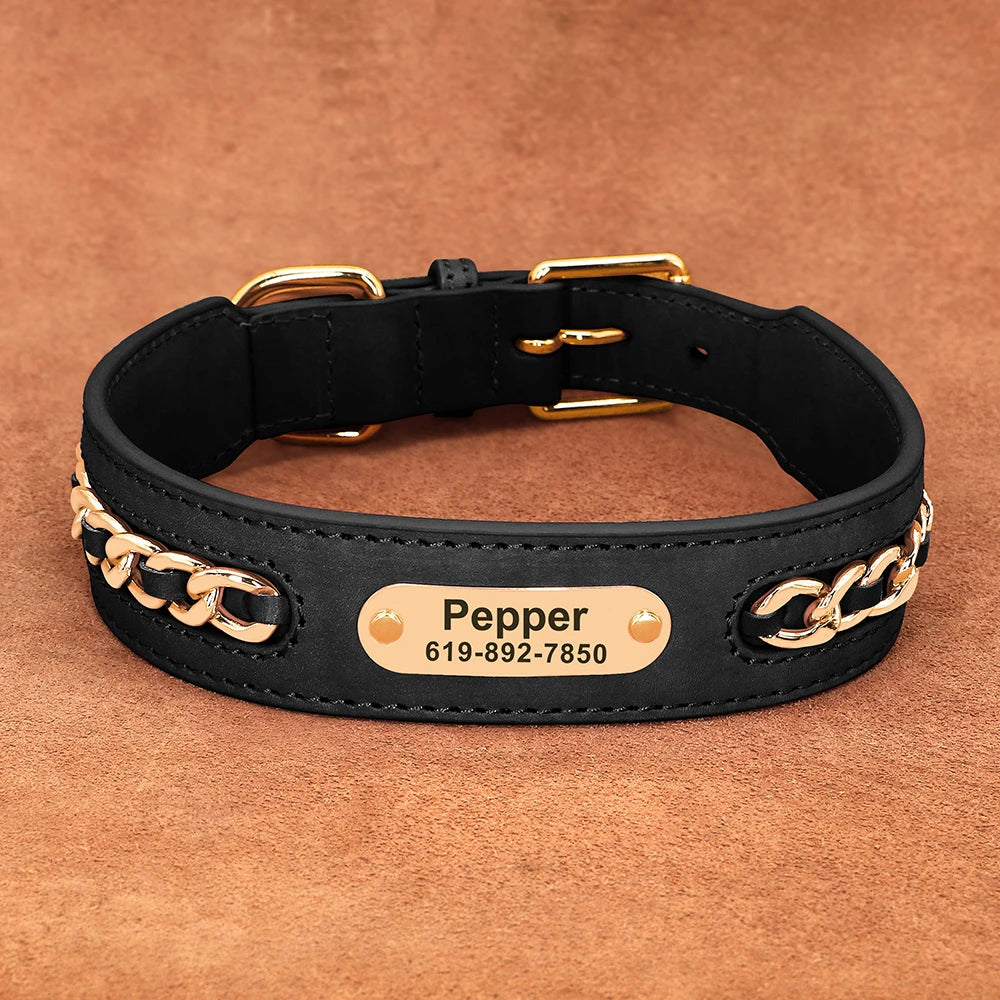 Custom Leather Dog Collar with Personalized Nameplate – Stylish & Durable ID Tag for Small to Large Dogs
