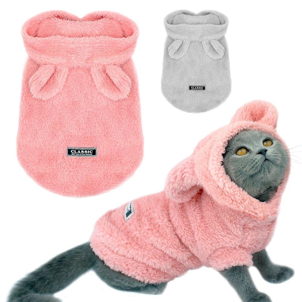 Warm Cat & Puppy Winter Coat – Soft Fleece Jacket Costume for Small & Medium Pets (Pink/Gray, S–2XL)