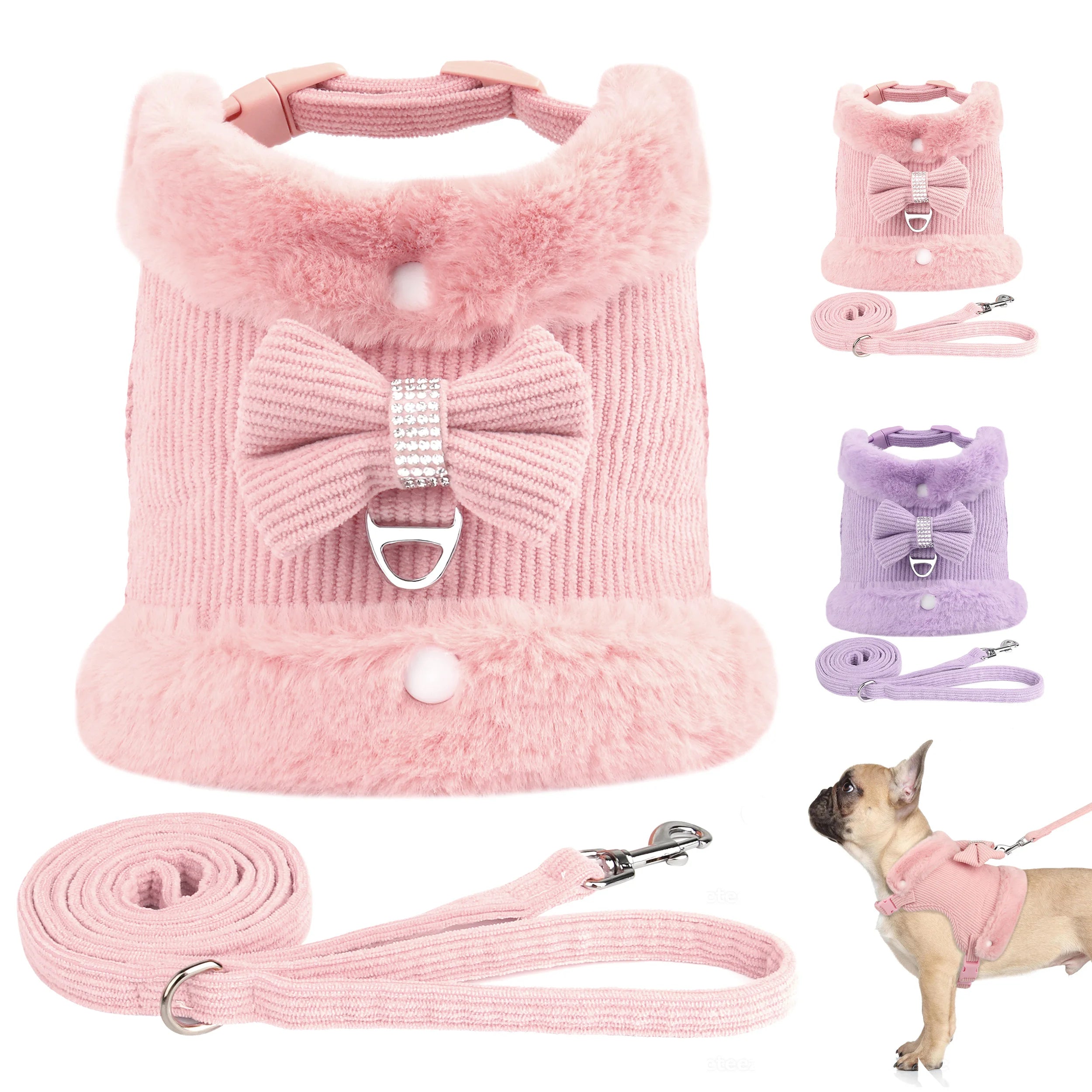 Soft Warm Dog Harness & Leash Set with Bowknot – Cute Vest Outfit for Small & Medium Dogs & Cats