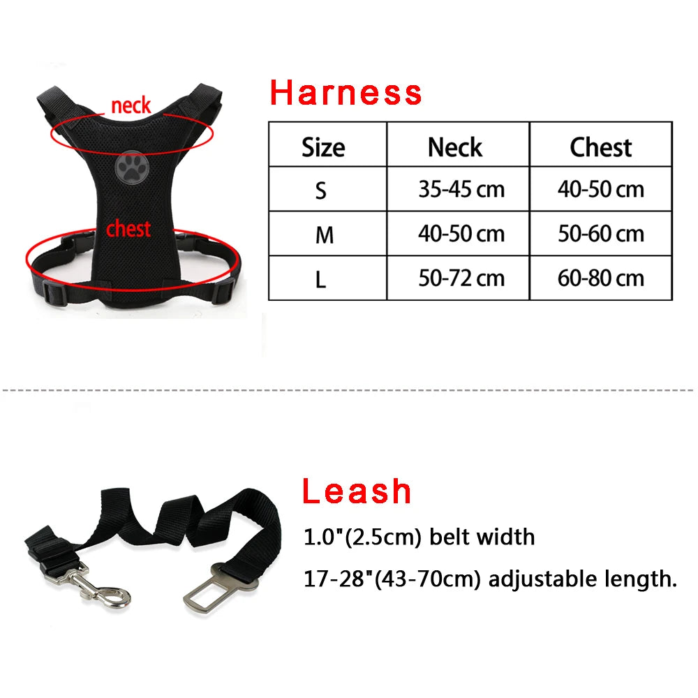 Nylon Breathable Mesh Dog Car Harness – Adjustable Safety Vest with Leash & Seatbelt for Medium & Large Dogs