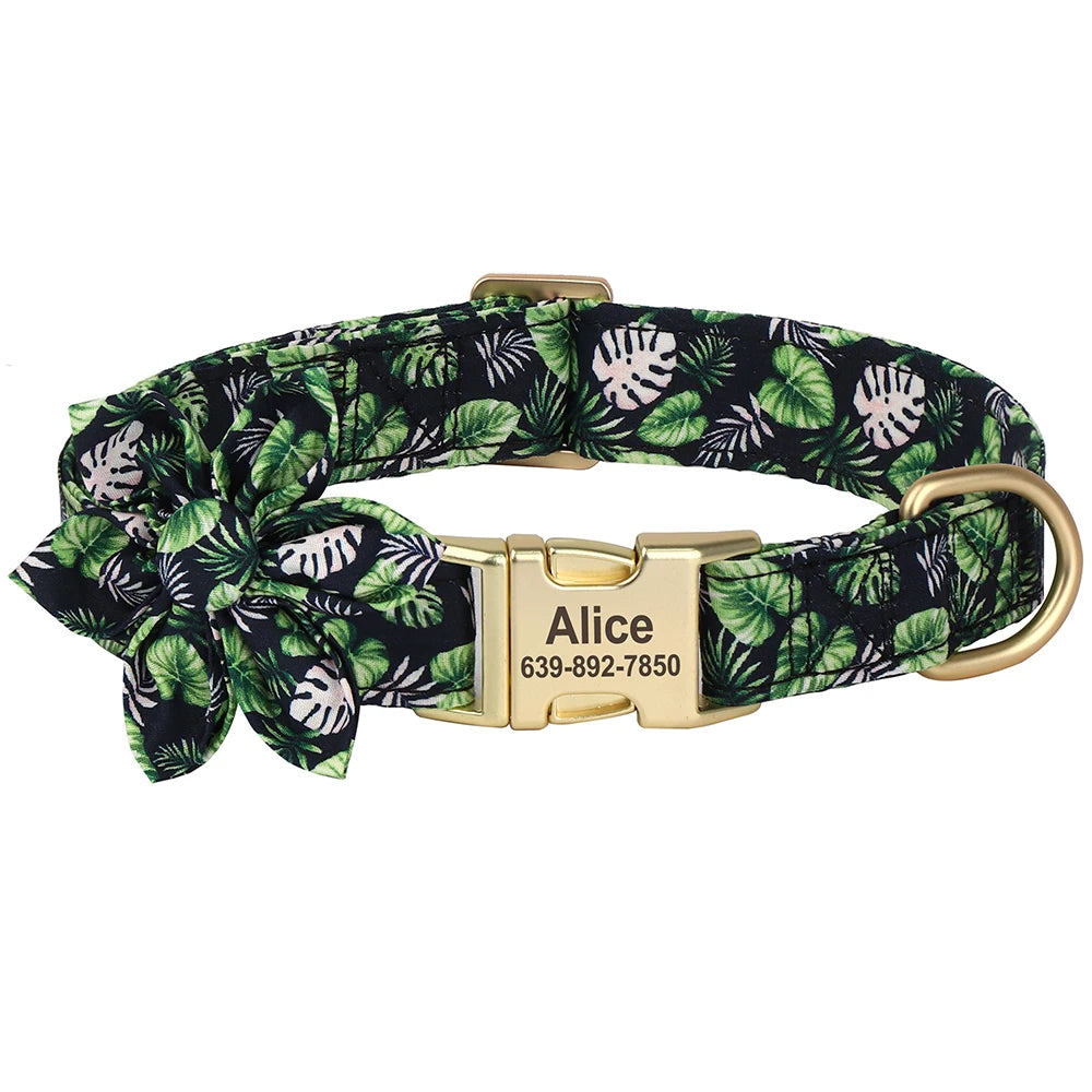 Personalized Dog Collar with Flower Print – Custom Engraved Nameplate | Adjustable Nylon Pet Collar for Small, Medium & Large Dogs