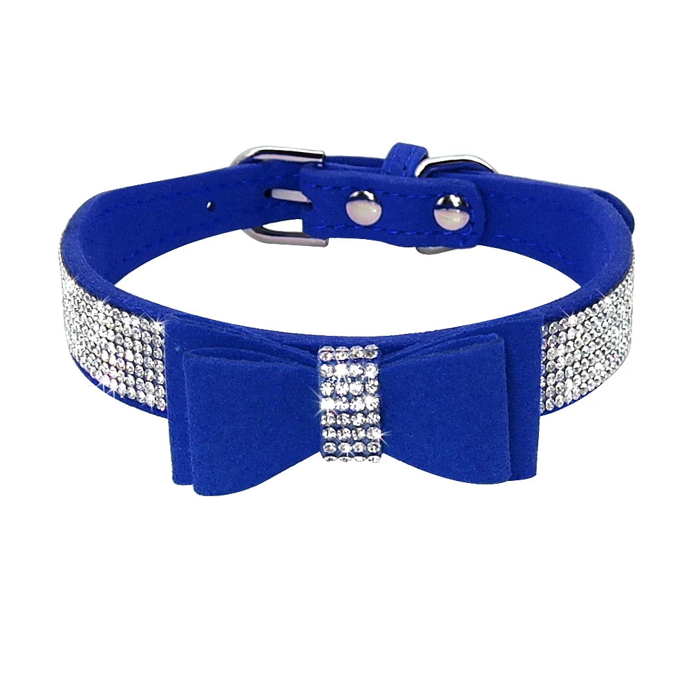 Bling Rhinestone Dog Collar with Bowknot – Adjustable Suede Collar for Small & Medium Pets