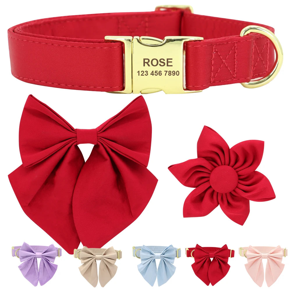 Personalized Silk Dog Collar with Bowtie & Flower – Custom Engraved ID Tag | Adjustable Wedding Collar for Small, Medium & Large Dogs