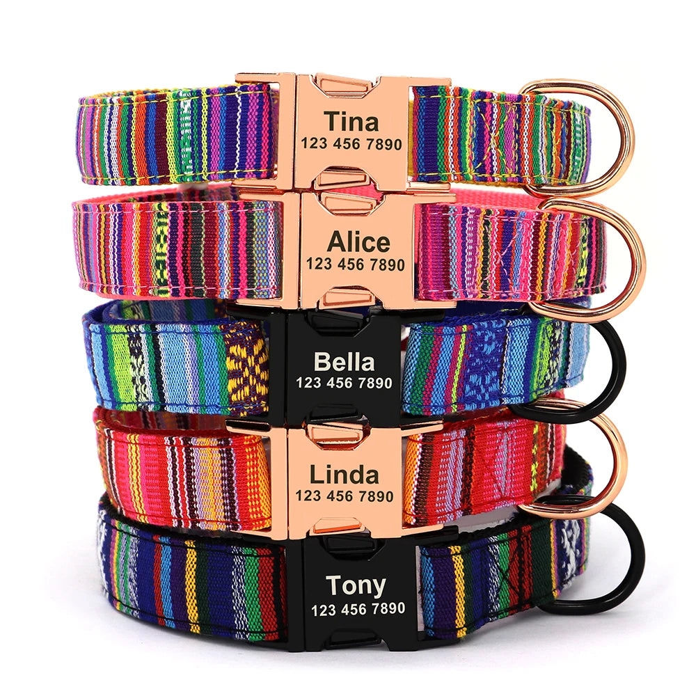 Personalized Nylon Dog Collar with Engraved Nameplate – Custom ID Tag for Small, Medium & Large Dogs