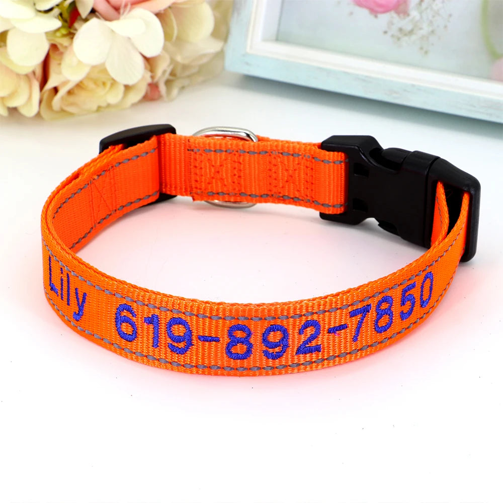 Reflective Personalized Nylon Dog Collar – Custom Embroidered ID Name & Phone – Reflective Adjustable Collar for Small, Medium & Large Dogs